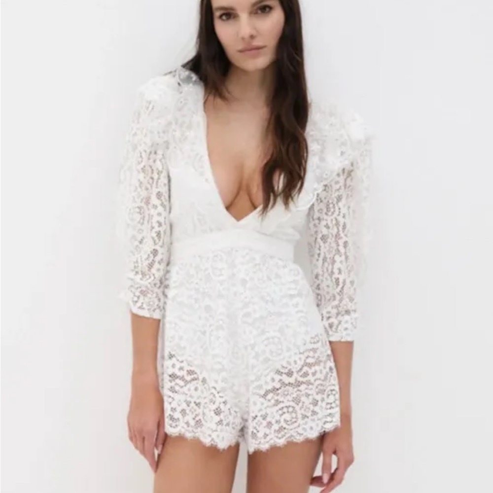 For Love & Lemons Santo Eyelash Lace Embroidered Ruffles Romper  XS